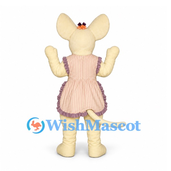 Mouse Mascot Costume with Pink Striped Apron Dress and Flower