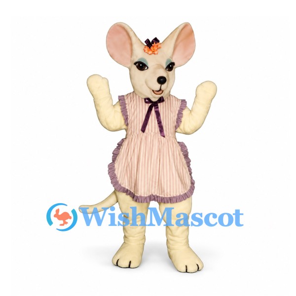 Mouse Mascot Costume with Pink Striped Apron Dress and Flower