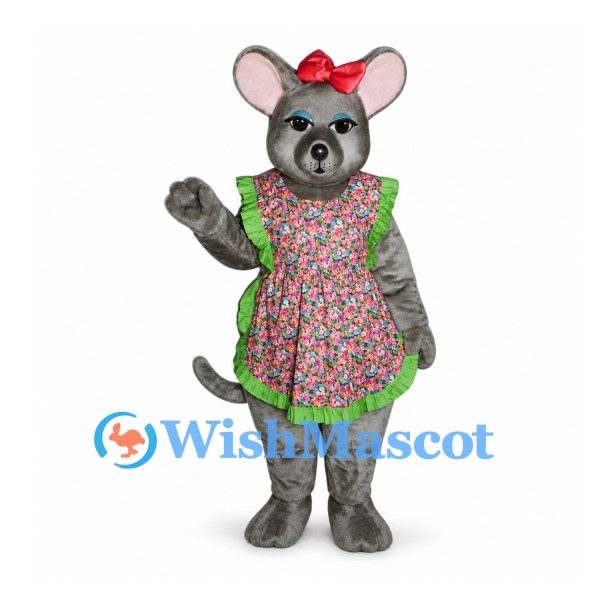 Mouse Mascot Costume with Floral Apron Dress and Red Bow