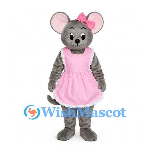 Mouse Mascot Costume in Gray with Pink Apron Dress