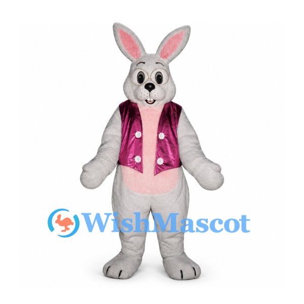 Rabbit Mascot Costume in Gray with Shiny Pink Vest