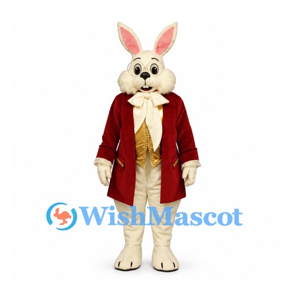 Rabbit Mascot Costume with Burgundy Tailcoat and Cream Bow