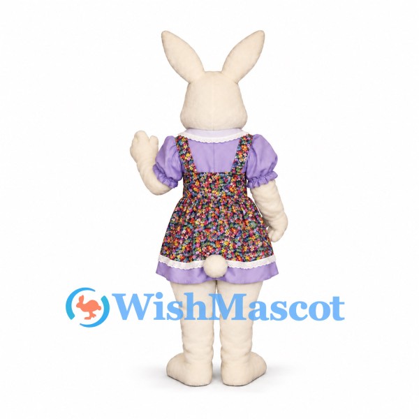 Rabbit Mascot Costume with Floral Apron and Lavender Dress