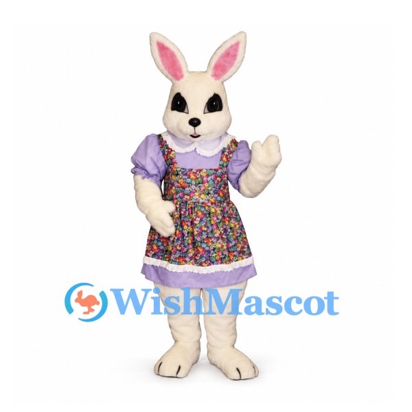 Rabbit Mascot Costume with Floral Apron and Lavender Dress