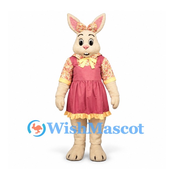 Rabbit Mascot Costume with Rose Pink Dress and Floral Bow