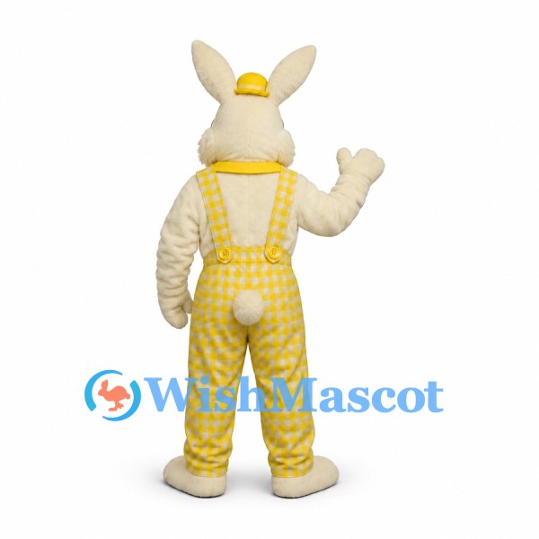 Rabbit Mascot Costume with Yellow Checkered Overalls and Cap