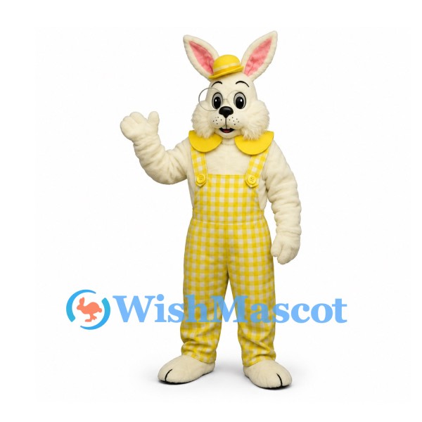 Rabbit Mascot Costume with Yellow Checkered Overalls and Cap