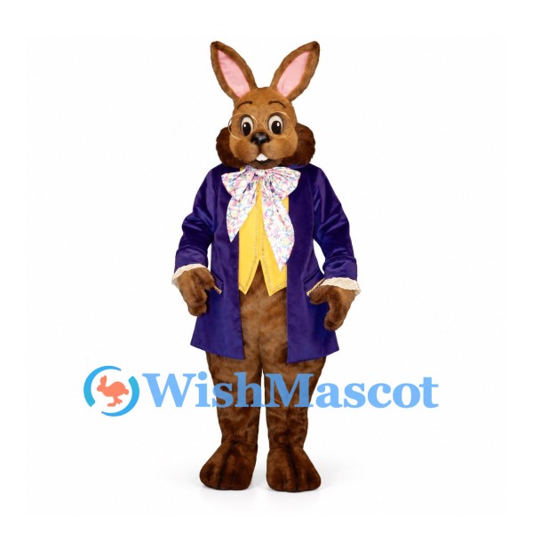 Rabbit Mascot Costume in Brown with Purple Tailcoat and Yellow Vest