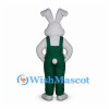 Rabbit Mascot Costume in Gray with Dark Green Overalls