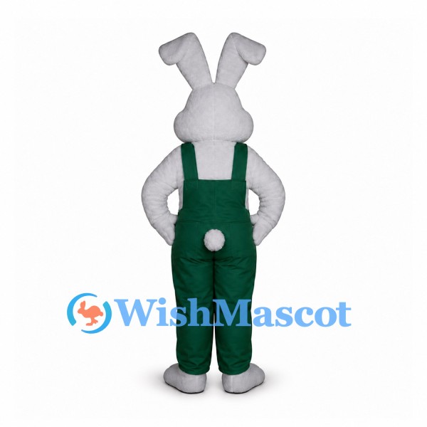 Rabbit Mascot Costume in Gray with Dark Green Overalls