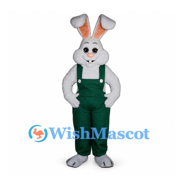 Rabbit Mascot Costume in Gray with Dark Green Overalls