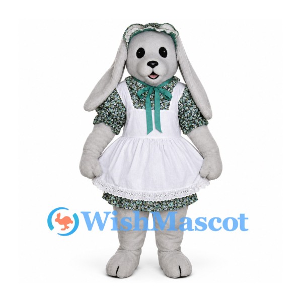 Rabbit Mascot Costume with Green Floral Dress and White Apron