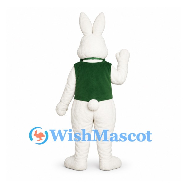 Rabbit Mascot Costume in White with Green Vest and Bow Tie