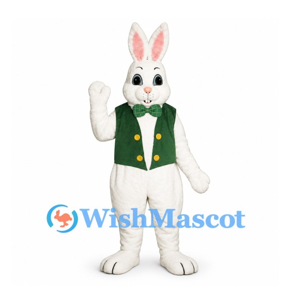 Rabbit Mascot Costume in White with Green Vest and Bow Tie