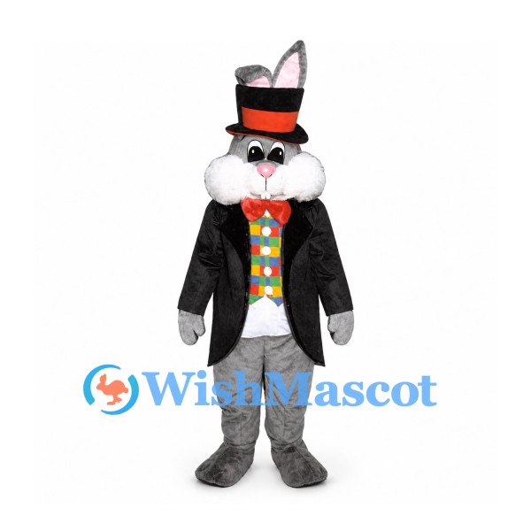 Rabbit Mascot Costume in Gray with Black Tailcoat and Top Hat
