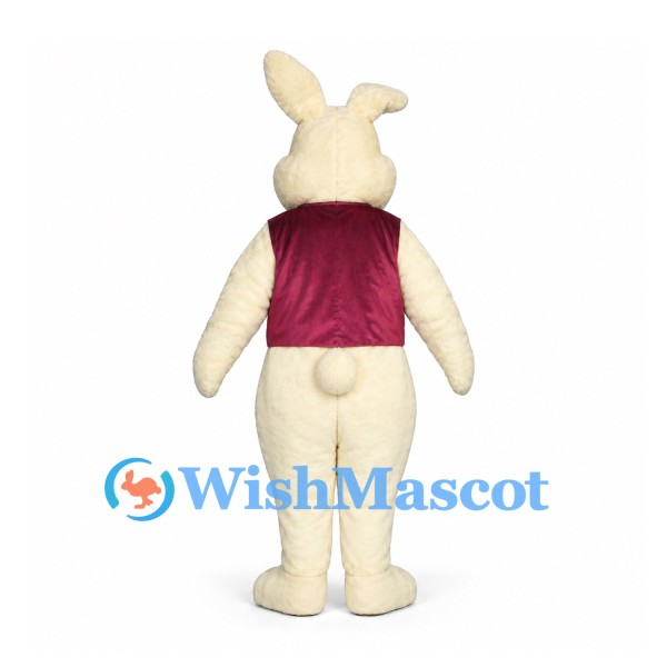 Rabbit Mascot Costume in Cream with Burgundy Vest and Green Bow