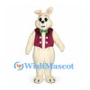 Rabbit Mascot Costume in Cream with Burgundy Vest and Green Bow