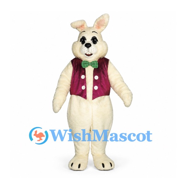 Rabbit Mascot Costume in Cream with Burgundy Vest and Green Bow