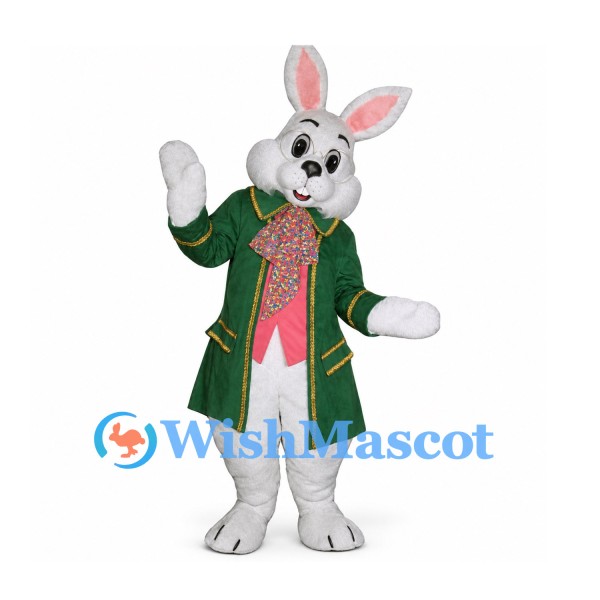 Rabbit Mascot Costume with Green Tailcoat and Patterned Cravat