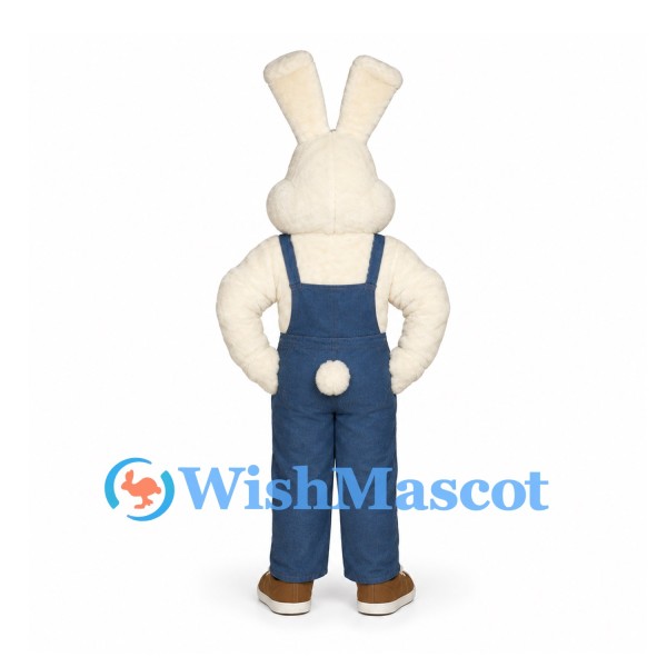Rabbit Mascot Costume in White with Blue Overalls