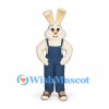 Rabbit Mascot Costume in White with Blue Overalls