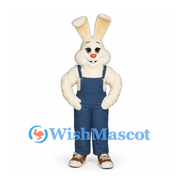 Rabbit Mascot Costume in White with Blue Overalls