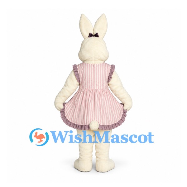 Rabbit Mascot Costume with Pink Striped Apron Dress and Flower