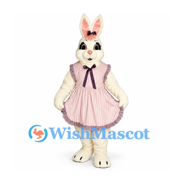 Rabbit Mascot Costume with Pink Striped Apron Dress and Flower