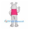 Rabbit Mascot Costume in Gray with Pink Vest and Green Polka Dot Bow