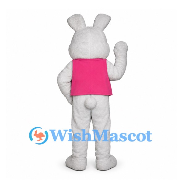 Rabbit Mascot Costume in Gray with Pink Vest and Green Polka Dot Bow