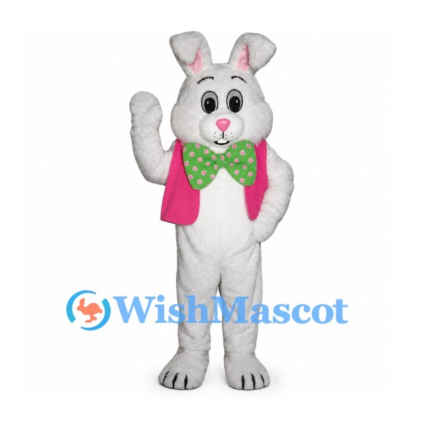 Rabbit Mascot Costume in Gray with Pink Vest and Green Polka Dot Bow