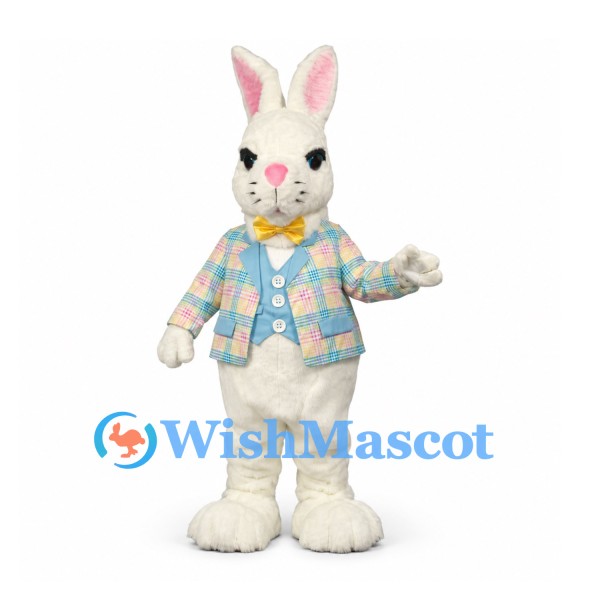Rabbit Mascot Costume with Pastel Check Jacket and Yellow Bow Tie