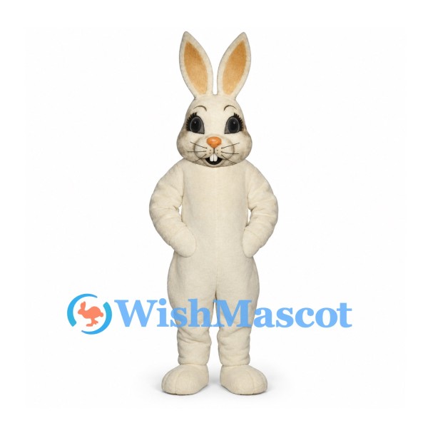 Rabbit Mascot Costume in Cream with Tall Ears and Orange Nose