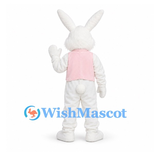 Rabbit Mascot Costume in White with Pink Vest and Striped Bow
