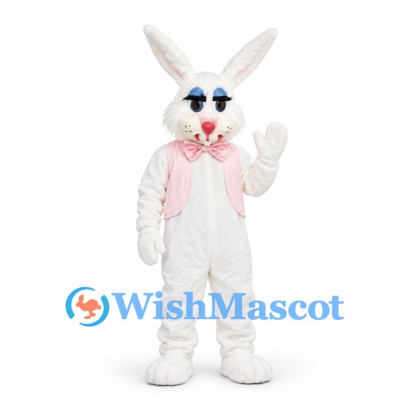 Rabbit Mascot Costume in White with Pink Vest and Striped Bow