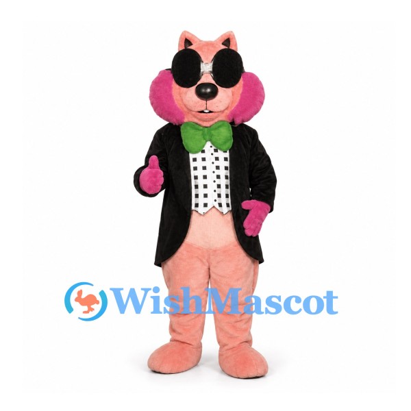 Cat Mascot Costume in Pink with Black Tailcoat and Green Bow