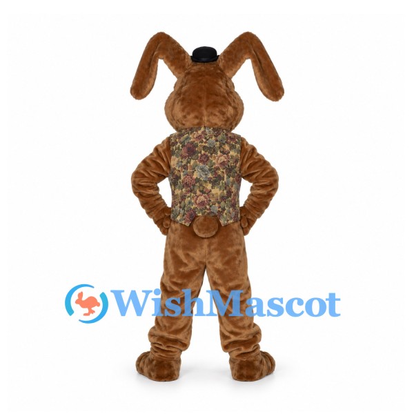 Rabbit Mascot Costume in Brown with Floral Vest and Tiny Hat