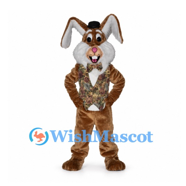 Rabbit Mascot Costume in Brown with Floral Vest and Tiny Hat