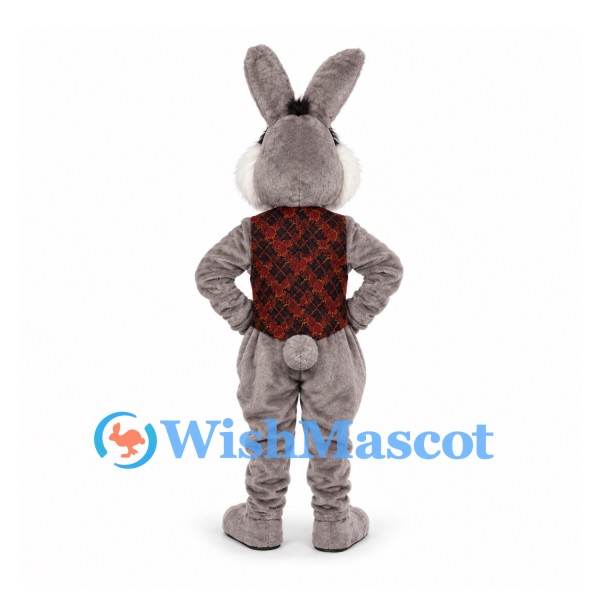 Rabbit Mascot Costume in Gray with Red Patterned Vest