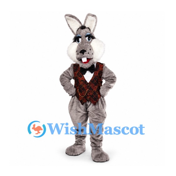 Rabbit Mascot Costume in Gray with Red Patterned Vest