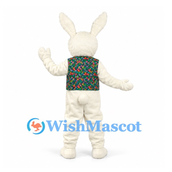 Rabbit Mascot Costume in White with Floral Vest and Green Bow