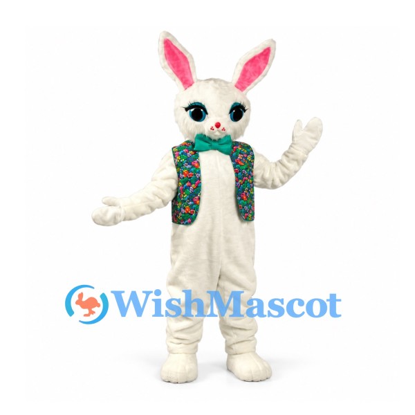Rabbit Mascot Costume in White with Floral Vest and Green Bow