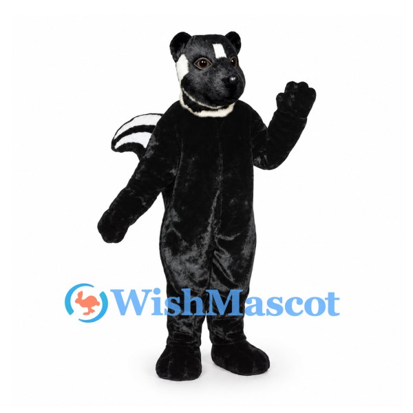 Skunk Mascot Costume in Black with White Back Stripes and Bushy Tail