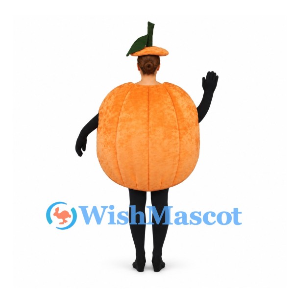 Pumpkin Mascot Costume in Orange with Smiling Face and Green Hat