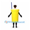 Drink Cup Mascot Costume in Yellow with Blue Straw and Open Face