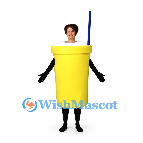 Drink Cup Mascot Costume in Yellow with Blue Straw and Open Face