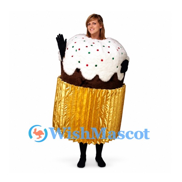 Cupcake Mascot Costume with White Icing and Gold Wrapper