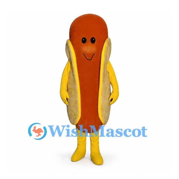 Hot Dog Mascot Costume with Smiling Sausage and Yellow Legs