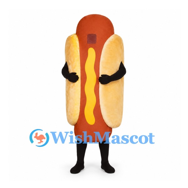 Hot Dog Mascot Costume with Yellow Mustard Stripe