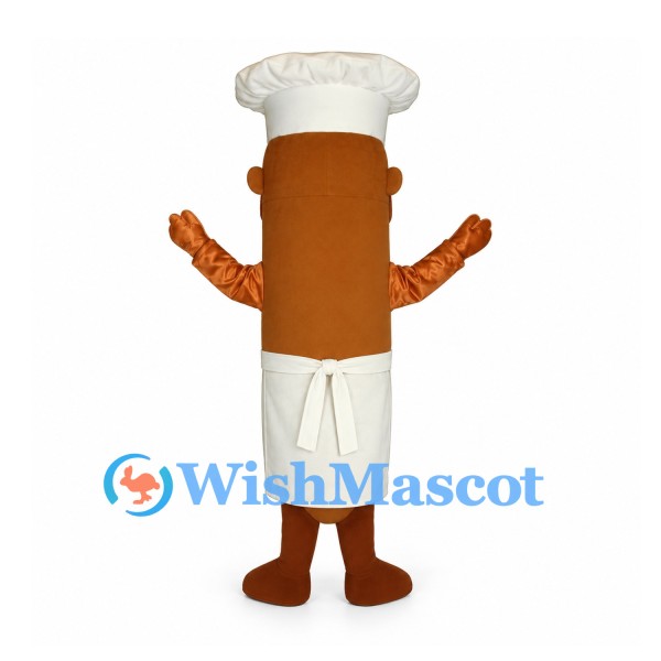 Sausage Chef Mascot Costume with White Apron and Tall Hat